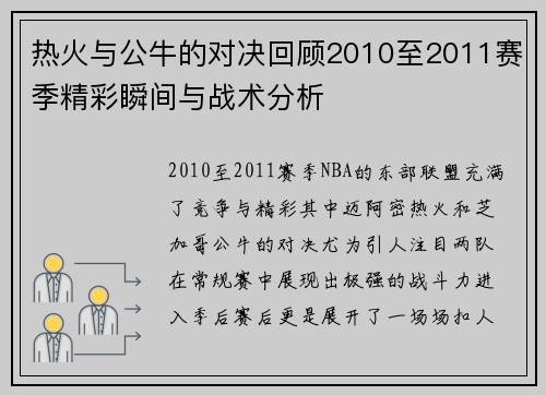 热火与公牛的对决回顾2010至2011赛季精彩瞬间与战术分析
