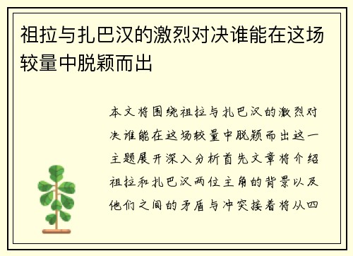 祖拉与扎巴汉的激烈对决谁能在这场较量中脱颖而出