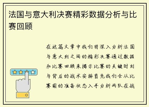 法国与意大利决赛精彩数据分析与比赛回顾