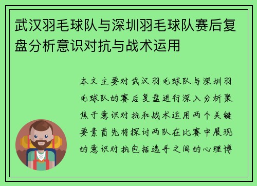 武汉羽毛球队与深圳羽毛球队赛后复盘分析意识对抗与战术运用
