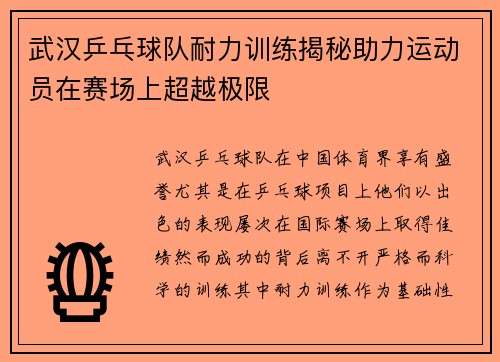 武汉乒乓球队耐力训练揭秘助力运动员在赛场上超越极限