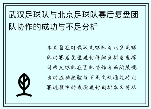 武汉足球队与北京足球队赛后复盘团队协作的成功与不足分析