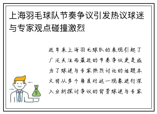 上海羽毛球队节奏争议引发热议球迷与专家观点碰撞激烈