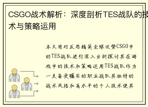 CSGO战术解析：深度剖析TES战队的技术与策略运用