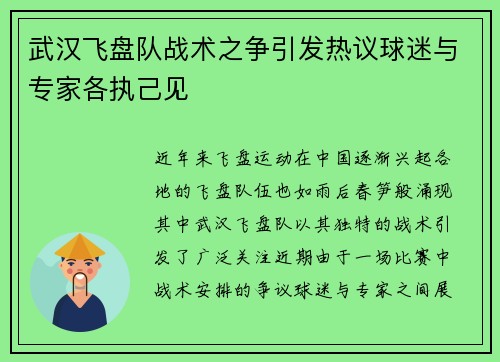 武汉飞盘队战术之争引发热议球迷与专家各执己见
