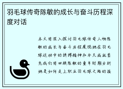 羽毛球传奇陈敏的成长与奋斗历程深度对话