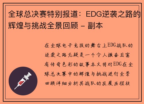 全球总决赛特别报道：EDG逆袭之路的辉煌与挑战全景回顾 - 副本