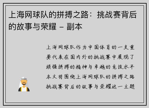 上海网球队的拼搏之路：挑战赛背后的故事与荣耀 - 副本