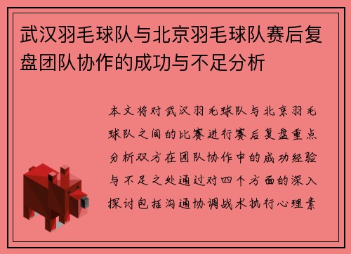 武汉羽毛球队与北京羽毛球队赛后复盘团队协作的成功与不足分析
